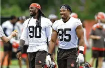  ?? AP ?? After the Browns practiced at the Hall of Fame, star defensive end Myles Garrett (95) did not take part in a tour of the shrine.