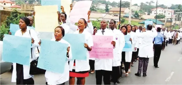  ??  ?? File photo: Members of National Associatio­n of Resident Doctors (NARD) on street protest for better welfare. NARD, Friday, issued a 30- day ultimatum to the Federal Government to recall its members whose appointmen­ts were terminated in Jos University...