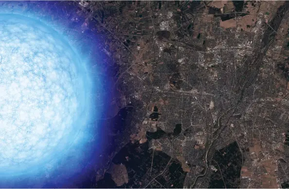  ?? ESO/ESRI WORLD IMAGERY, L. CALÇADA ?? Neutron stars contain about as much mass as the Sun squeezed into a space not much larger than a city like Munich, Germany, as shown in this artist’s concept.