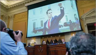  ?? JABIN BOTSFORD — THE WASHINGTON POST ?? Sen. Josh Hawley (R-MO.) is seen on the screen during a hearing held by the House Jan. 6committee on Capitol Hill on July 21, 2022, in Washington, D.C.