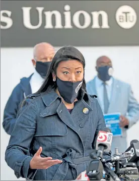  ?? STUART CAHILL / BOSTON HERALD ?? Boston Teachers Union President Jessica Tang speaks to the media on the injunction against the Boston School system on Thursday.