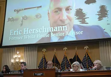  ?? Brendan Smialowski/ AFP via Getty Images ?? A video of former White House senior adviser Eric Herschmann appears on screen during the fifth hearing by the House committee investigat­ing the Jan. 6 attack on the Capitol.