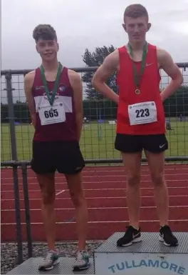  ??  ?? Tadgh Donnelly tops the podium after winning the U-17 1500m at the Leinster