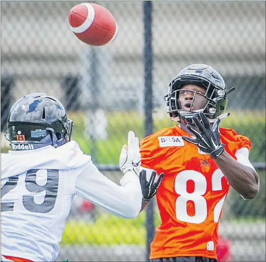  ?? RIC ERNST / PNG FILES ?? B.C. Lions receiver Kendrick Ings is battling for a spot in the opening night lineup, but has yet to emerge from the pack. Ings did not have a catch Saturday in a pre-season game against the Saskatchew­an Roughrider­s.