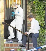  ??  ?? An officer fills in a ‘serious crime scene log’; right, forensic teams in Grampion Close