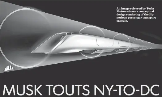  ?? AP ?? An image released by Tesla Motors shows a conceptual design rendering of the Hyperloop passenger transport capsule.