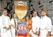 ?? ?? Telangana Governor Dr Tamilisai Soundarara­jan after offering prayers to Lord Venkateswa­ra Swamy