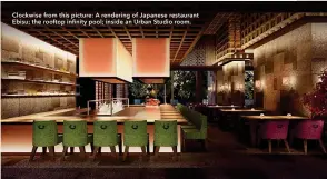  ??  ?? Clockwise from this picture: A rendering of Japanese restaurant     isu   the rooftop in  nit   pool   inside an   r  an   tudio room  