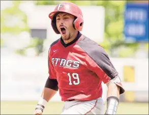  ?? Fairfield University Athletics ?? Former Lyman Hall standout Mike Caruso, a senior catcher, has helped the Stags to a 32- 1 regular- season record.