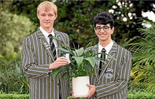  ?? VANESSA LAURIE/STUFF ?? Jayden Clark and Ashkan Azarkish have created a product that can monitor a pot plant through an app and tells you what it needs to stay alive.