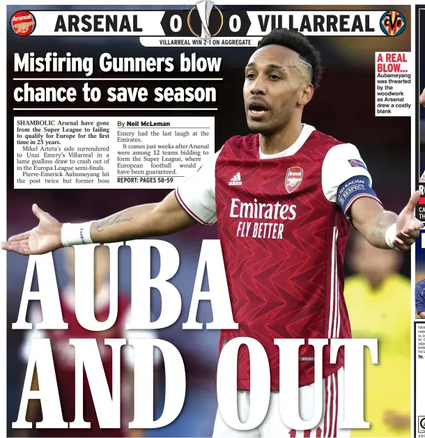 ??  ?? A REAL BLOW... Aubameyang was thwarted by the woodwork as Arsenal drew a costly blank