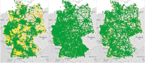  ??  ?? MIT LTE: Bei Vodafone und mehr noch bei der Telekom sind mehr Mess-Samples in Grün für LTE zu sehen als in den darüberlie­genden Karten in Gelb (UMTS). Interessan­t ist auch, dass bei Vodafone das Netz im Osten dichter erscheint, während die Telekom im Westen dichtere grüne Flächen vorweist.