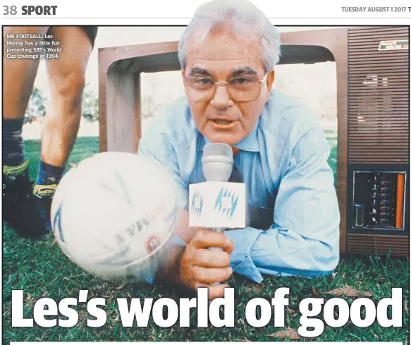  ??  ?? MR FOOTBALL: Les Murray has a little fun presenting SBS's World Cup coverage in 1994.