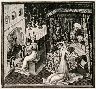  ??  ?? ABOVE A 15th-century woodcut depicting a bedroom scene in which a nurse warms a newborn by the fire while mother is looked after by her attendants.