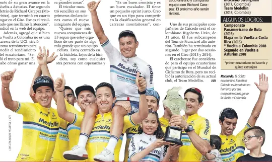  ??  ?? Recuerdo. El ciclista ecuatorian­o Jonathan Caicedo es levantado en hombros por sus compañeros tras ganar la Vuelta a Colombia.