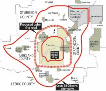  ??  ?? The outer ring road originally proposed by Alberta Transporta­tion ran about eight kilometres outside the Anthony Henday. Coun. Ed Gibbons’ alternativ­e would focus on rail traffic first and push the corridor out about 30 kilometres.