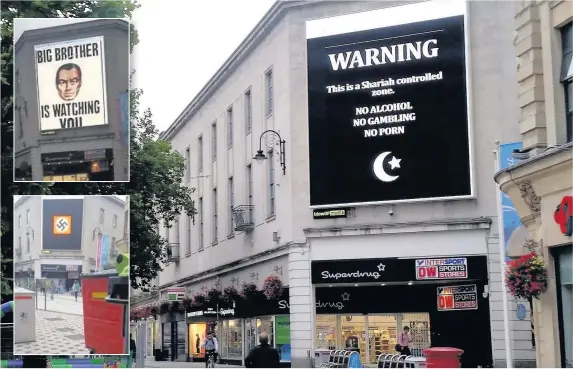  ??  ?? > The offensive messages on the bllboard on Queen Street, Cardiff, after hackers gained access