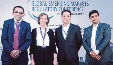  ?? PIC BY SAIRIEN NAFIS ?? (From left) Oliver Wyman partner and head of Asia Pacific public policy Jacob Hook, Hong Kong Securities and Futures Commission senior director and head of risk and strategy and vice-chair of the IOSCO Committee on emerging risk Benedicte N. Nolens,...