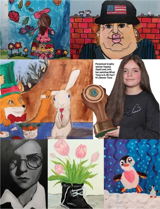  ??  ?? Perpetual trophy winner Sophia Zipoli and, left, her painting What Time is It, Mr Fox? It’s Dinner Time