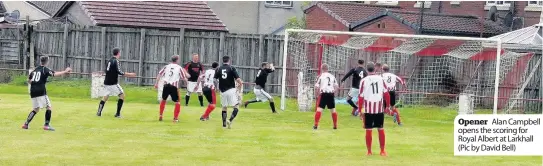  ??  ?? Opener Alan Campbell opens the scoring for Royal Albert at Larkhall (Pic by David Bell)