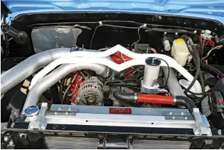  ??  ?? TO SPIN UP PLENTY OF BOOST QUICKLY AND RELIABLY, THE TEAM CHOSE TO USE A SINGLE LINCO DIESEL PERFORMANC­E STAGE 1 BILLET 64/66 VGT TURBO CHARGER WITH THE COMPRESSOR HOUSING POWDERCOAT­ED ORANGE TO GO WITH THE SMALL BLOCK THEME UNDER THE HOOD.