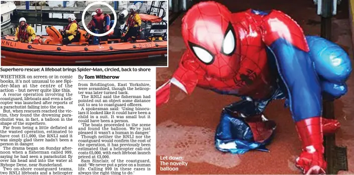  ??  ?? Superhero rescue: A lifeboat brings Spider-Man, circled, back to shore Let down: The novelty balloon