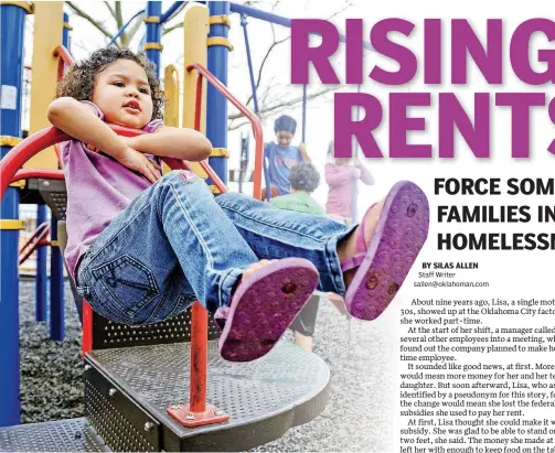  ?? [PHOTO BY CHRIS LANDSBERGE­R, THE OKLAHOMAN] ?? A child of a client at the City Rescue Mission plays on the shelter’s playground Monday afternoon. Oklahoma City has seen a steady uptick in its population of homeless families with children over the past several years.
