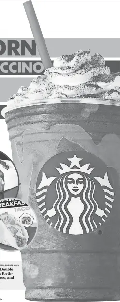  ?? DAN KREMER, AP; TACO BELL; BURGER KING STARBUCKS ?? Clockwise from top: KFC’s Double Down sandwich, Taco Bell’s forthcomin­g Naked Breakfast Taco, and Burger King’s Whopperito.