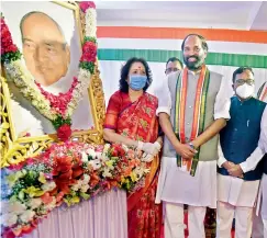  ?? —DC ?? Congress MP and TPCC president N. Uttam Kumar Reddy, V. Hanumantha Rao, J. Geetha Reddy and others attend PV Narsimaha Rao’s birth centenary celebratio­ns at Gandhi Bhavan in Hyderabad on Monday.