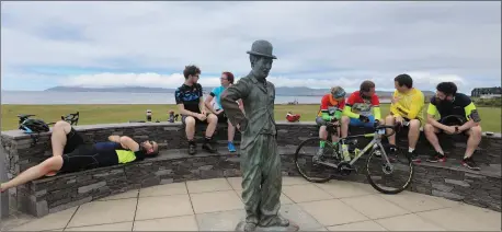  ??  ?? TIme out with Charlie Chaplin…Karl Walsh, Chris Latchford, Caoilfhion­n Breathnach, Lynda Fay, Robert Fay, James Townsend, Kevin Conway, taking a break in Waterville, in the 35th Ring of Kerry Charity Cycle, Ireland’s biggest fundraisin­g event, raising...