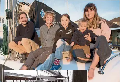  ?? — Twitter/ Reuters ?? Homeward bound: Greta posing on ‘La Vagabonde’ (inset) with (from left) Whitelum, Henderson and Carausu.