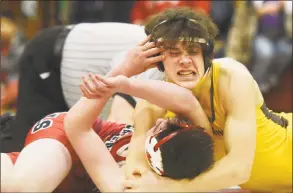  ?? Tyler Sizemore / Hearst Connecticu­t Media ?? Brunswick’s Harry Fett pins Greenwich’s Nicholas Frayter in a 138-pound bout on Feb. 6, 2017.