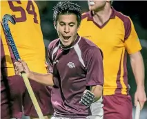  ?? PHOTO: ROBERT KITCHIN/FAIRFAX NZ ?? Hutt Valley’s Mandev Maan celebrates a goal in his side’s 3-2 defeat to Upper Hutt in premier three men’s action on Saturday.