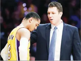  ?? (AP) ?? LOS Angeles Lakers head coach Luke Walton, right, consoles Jordan Clarkson during the second half of their NBA game against the Los Angeles Clippers Tuesday in Los Angeles. The Clippers won 133-109.