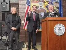  ?? Arnold Gold/Hearst Connecticu­t Media ?? From left, Henry C. Lee, founder of the Henry C. Lee Institute of Forensic Science, U.S. Sen. Richard Blumenthal and Mario Gaboury, dean of the Henry C. Lee College of Criminal Justice and Forensic Sciences, attend a news conference Tuesday announcing a $1 million federal grant for the University of New Haven’s Henry C. Lee College of Criminal Justice and Forensic Sciences in West Haven for gun violence data analytics.