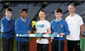  ??  ?? Summerhill College’s Adam Wynne, Christophe­r Lobo and Danny Cronin with Mary-Kate Slattery and Olympian Thomas Barr at the Irish Life Health Schools Fitness Challenge in Croke Park. Pic: Dan Sheridan