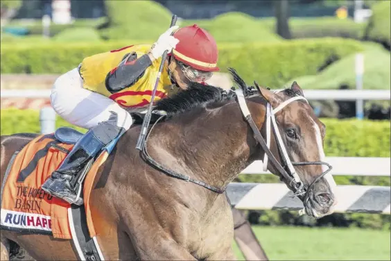  ?? Special to the Times Union / Skip Dickstein ?? Jose Ortiz, Saratoga’s winningest jockey for 2019, raises his index finger after winning the Grade I Hopeful Stakes aboard Basin on Monday.