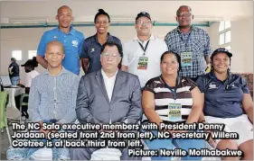  ?? ?? The NC Safa executive members with President Danny Jordaan (seated front 2nd from left). NC secretary Willem Coetzee is at back third from left.
Picture: Neville Motlhabakw­e