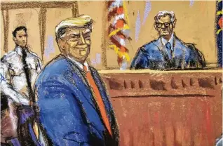  ?? JANE ROSENBERG / POOL VIA AP ?? In this courtroom sketch, former President Donald Trump smiles to the jury pool as he is introduced at the beginning of his trial over charges that he falsified records to conceal money paid to silence porn star Stormy Daniels in 2016, in Manhattan state court in New York, on Monday.
