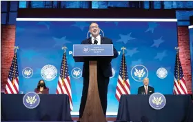  ?? (AP/Carolyn Kaster) ?? Miguel Cardona, President-elect Joe Biden’s nominee for Secretary of Education, speaks Wednesday after being introduced in Wilmington, Del. Vice President-elect Kamala Harris (left) and Biden look on.