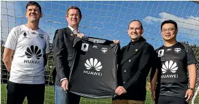  ?? PHILLIP ROLLO/STUFF ?? Huawei managing director Yanek Fan, right, and deputy Andrew Bowater, second from right, ‘‘reaffirm’’ their commitment to Wellington and NZ with Phoenix general manager David Dome, second left, and Wellington mayor Justin Lester.