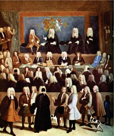  ??  ?? Lord Chancellor Macclesfie­ld presides over a Chancery Court in London during the reign of George I