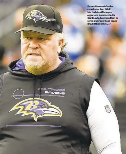  ?? AP ?? Former Ravens defensive coordinato­r Don ‘Wink’ Martindale will bring an aggressive approach to the Giants, who have hired him to serve under new head coach Brian Daboll (inset).