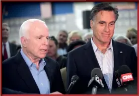  ??  ?? Photo ci-contre : Les sénateurs John McCain (à gauche, décédé en 2018) et Mitt Romney, deux ex-candidats républicai­ns à la présidenti­elle, constituen­t des représenta­nts de l’establishm­ent néoconserv­ateur interventi­onniste. Ils furent parmi les plus critiques des républicai­ns vis-à-vis des décisions de Donald Trump. (© Gage Skidmore) Néoconserv­ateurs