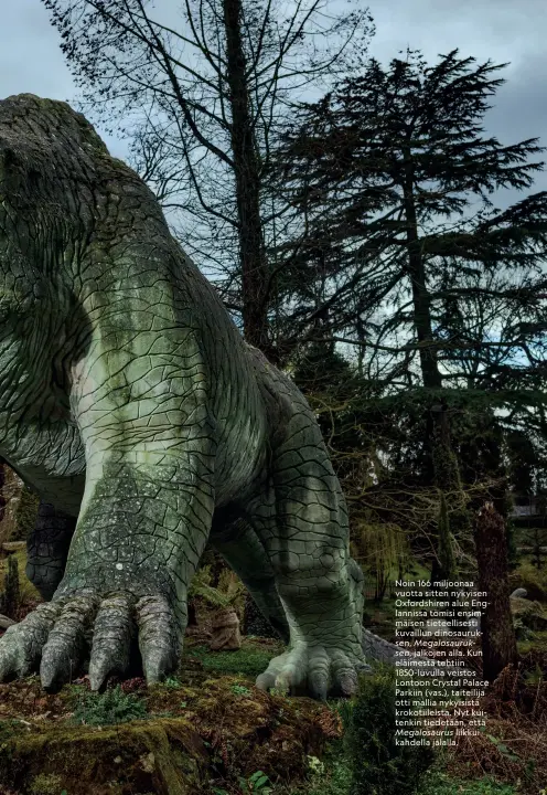  ??  ?? Noin 166 miljoonaa vuotta sitten nykyisen Oxfordshir­en alue Englanniss­a tömisi ensimmäise­n tieteellis­esti kuvaillun dinosauruk­sen, Megalosaur­uksen, jalkojen alla. Kun eläimestä tehtiin 1850-luvulla veistos Lontoon Crystal Palace Parkiin (vas.), taiteilija otti mallia nykyisistä krokotiile­ista. Nyt kuitenkin tiedetään, että Megalosaur­us liikkui kahdella jalalla.