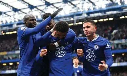  ?? Photograph: Darren Walsh/Chelsea FC/Getty Images ?? Wesley Fofana is mobbed by his teammates after scoring against Leeds to give Chelsea and Graham Potter a desperatel­y needed win.