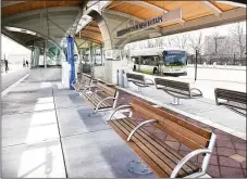  ?? File photo ?? A CTfastrak bus waits for passengers at the New Britain station on one end of a busway connecting New Britain and Hartford.