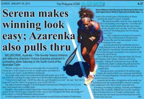  ??  ?? Serena Williams of the US pumps her fist during her third round match against Ayumi Morita of Japan at the Australian Open.