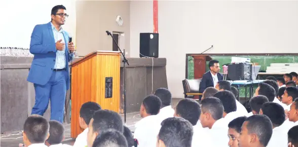  ?? Photo: Lusiana Tuimaisala ?? Fiji Commerce Commission chief executive officer Joel Abraham, speaking to the Marist Brothers High School students during the awareness on May 16, 2017.