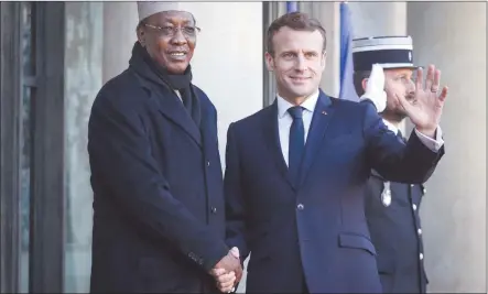  ?? Photo: Nampa/AFP ?? Allies… In this file photo, France’s President Emmanuel Macron (right) welcomes Chad’s President Idriss Deby as he arrives at the Elysee presidenti­al palace for a lunch as part of the Paris Peace Forum.
